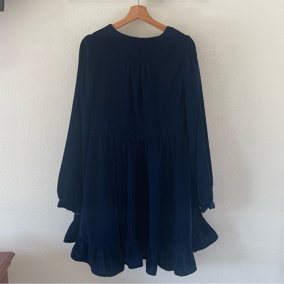 Free People Estella Velvet Mini Dress Ruffled Hem Exaggerated Sleeves Blue - Picture 3 of 8
